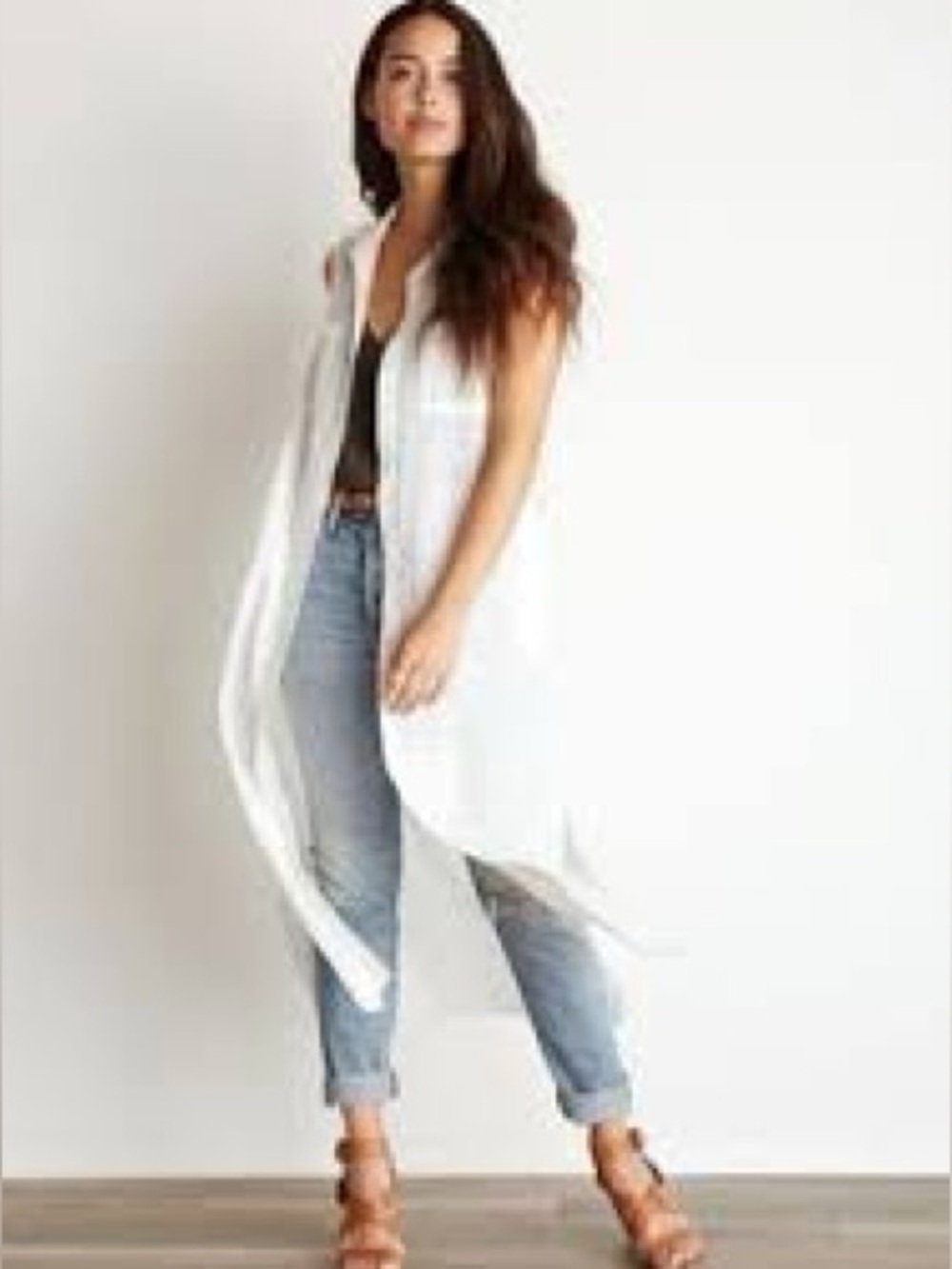 Vince Camuto Linen White Sleeveless Long Open-Front Duster Cardigan w Pockets Sz